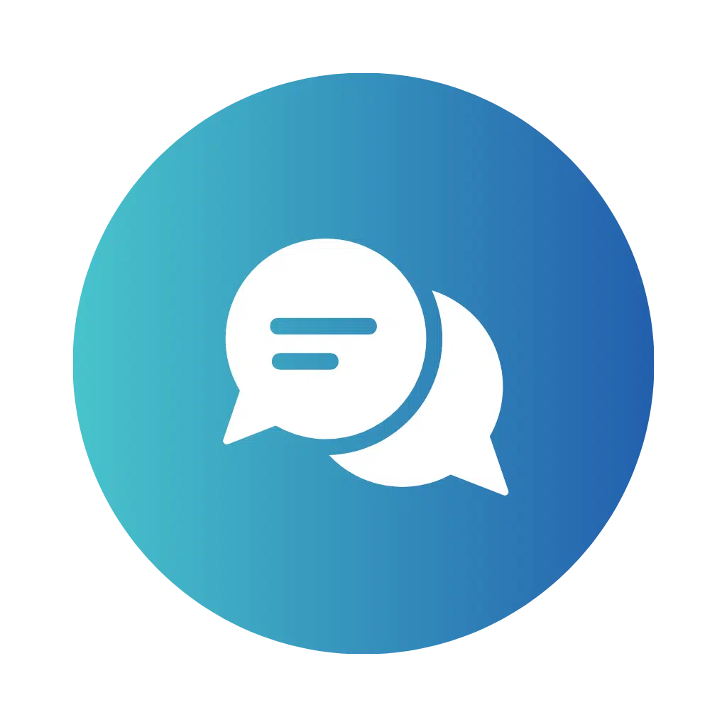 Ícone circular azul com balões representando comunicação via chat