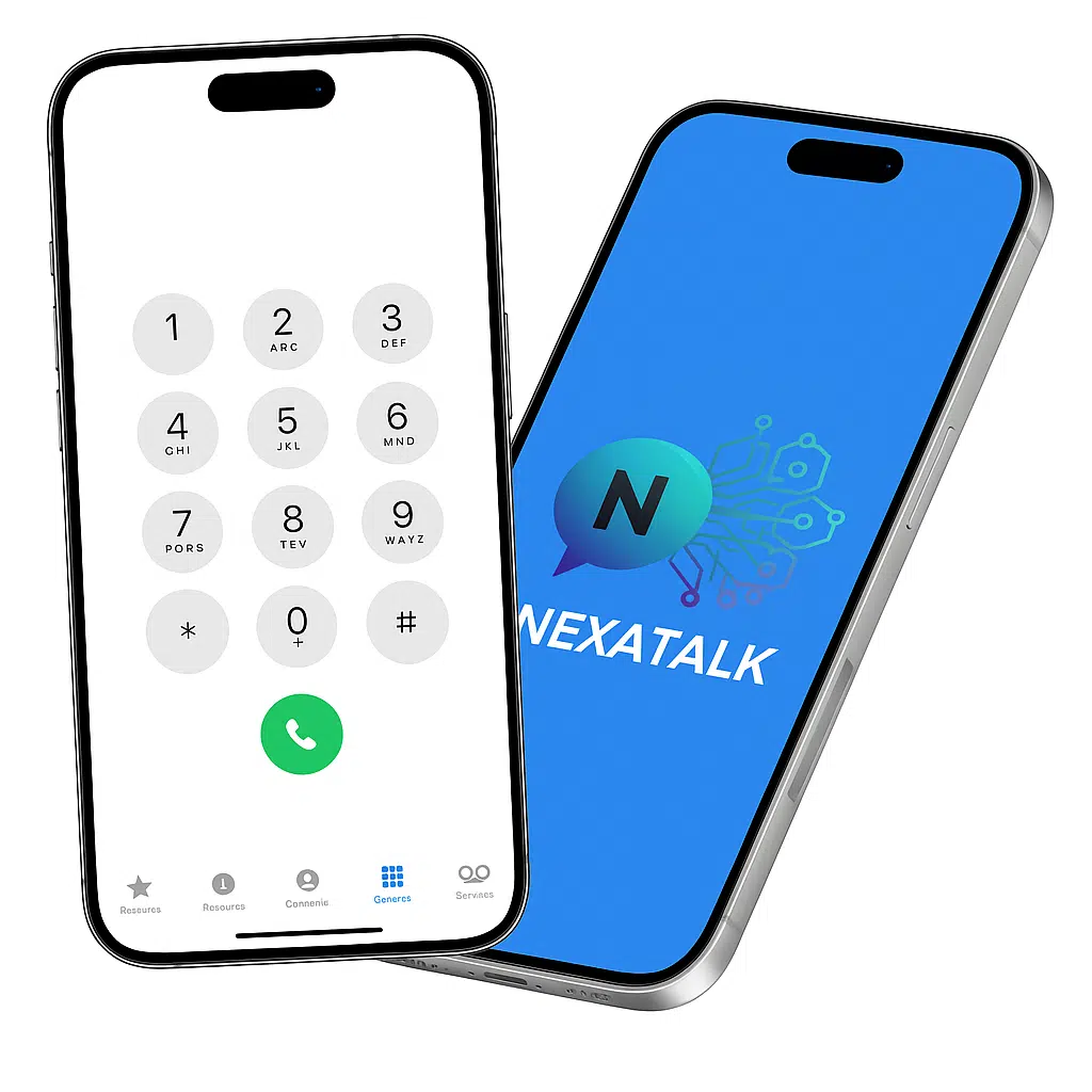 PABX Virtual em Nuvem | Telefonia Digital sem Aparelhos – NexaTalk 8 Dois iPhones exibindo funcionalidades do sistema NexaTalk